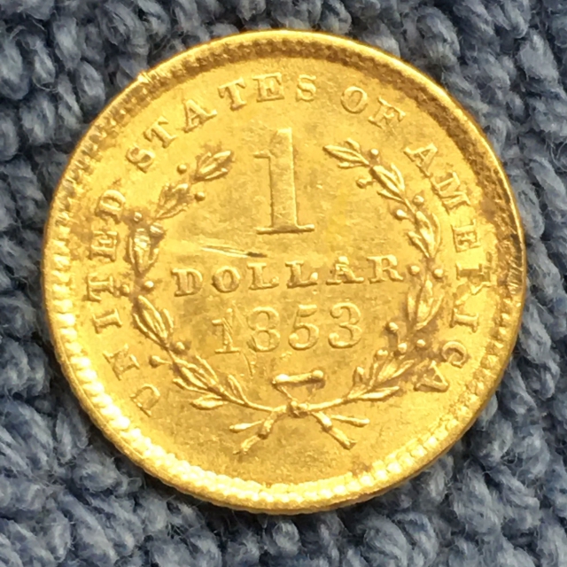 1853年1型$ 1金币，来自俄亥俄州，他在临发现康纳B.
